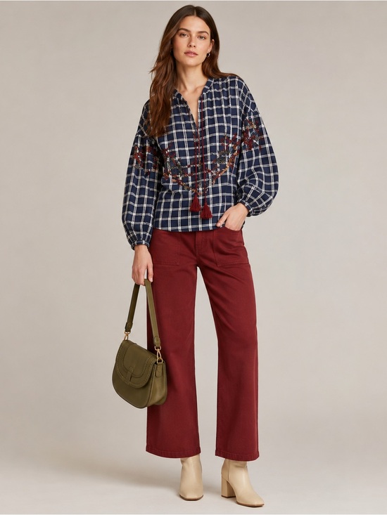 Zara Tops - Zara Trafaluc Navy Gingham Embroidered Tassel Boho Blouse XS